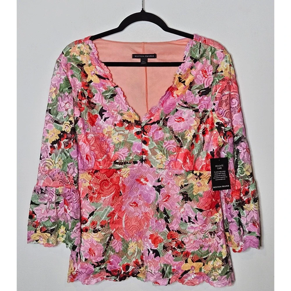 Boston Proper NEW Printed V Neck Scalloped Lace Top Floral Womens Large Vibrant - Picture 1 of 5